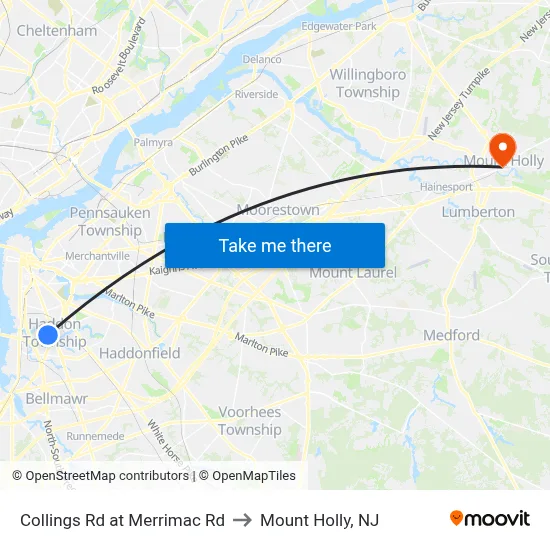 Collings Rd at Merrimac Rd to Mount Holly, NJ map