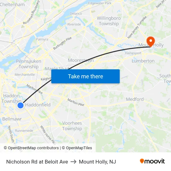 Nicholson Rd at Beloit Ave to Mount Holly, NJ map