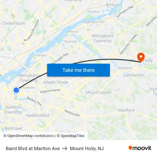 Baird Blvd at Marlton Ave to Mount Holly, NJ map