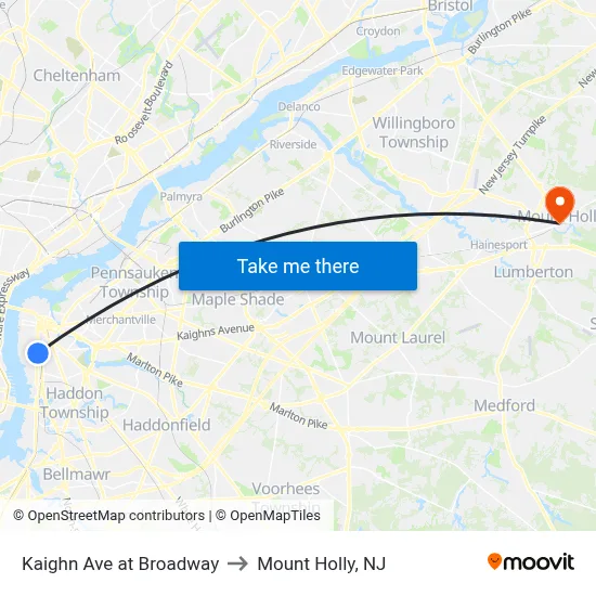 Kaighn Ave at Broadway to Mount Holly, NJ map