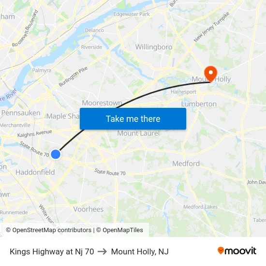 Kings Highway at Nj 70 to Mount Holly, NJ map