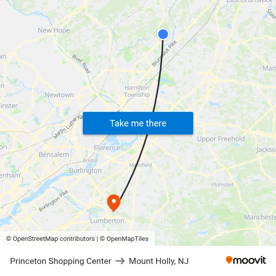 Princeton Shopping Center to Mount Holly, NJ map