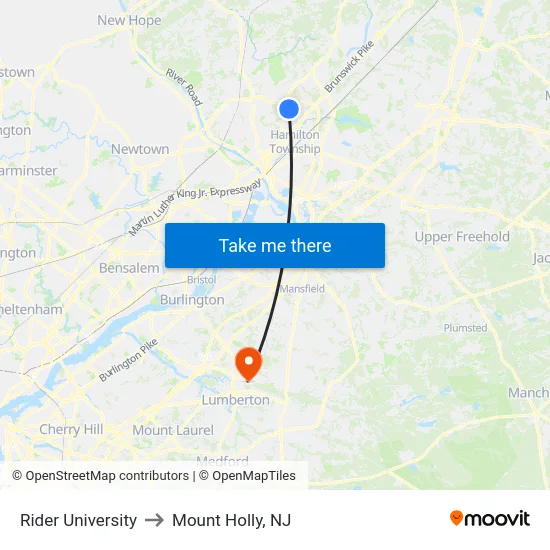 Rider University to Mount Holly, NJ map