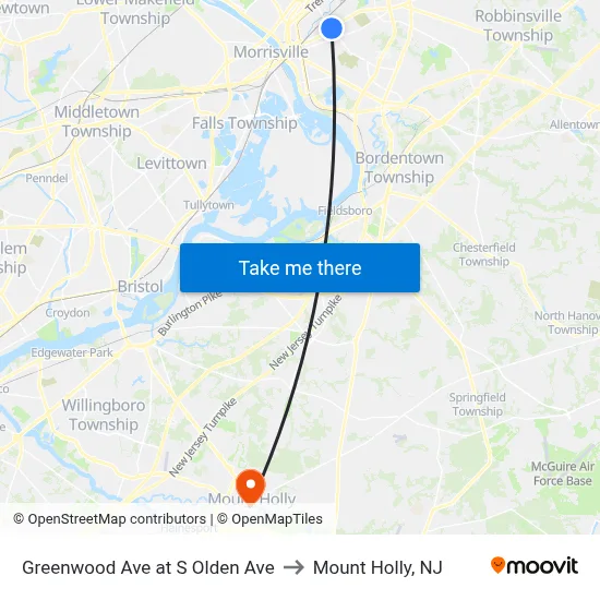 Greenwood Ave at S Olden Ave to Mount Holly, NJ map