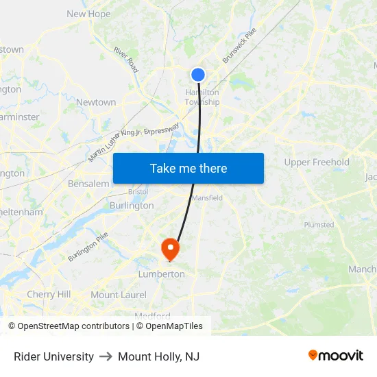 Rider University to Mount Holly, NJ map
