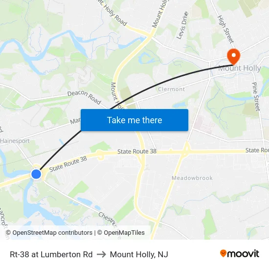 Rt-38 at Lumberton Rd to Mount Holly, NJ map