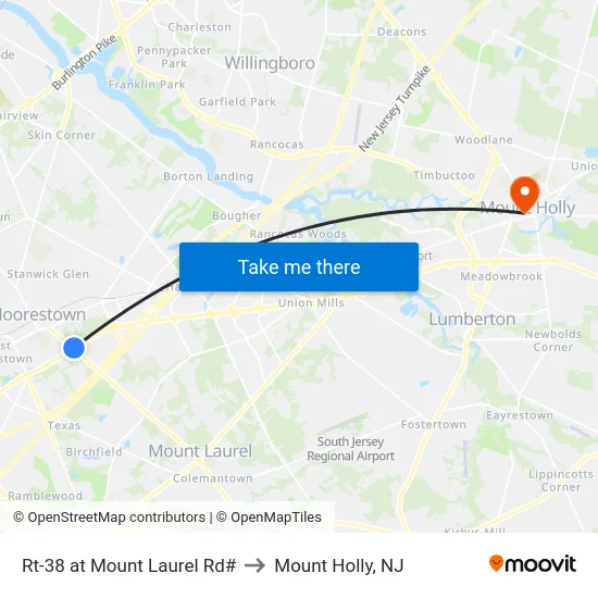 Rt-38 at Mount Laurel Rd# to Mount Holly, NJ map