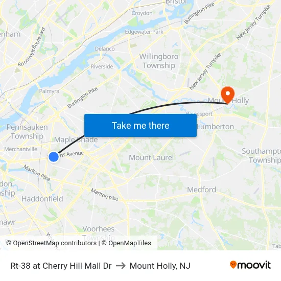 Rt-38 at Cherry Hill Mall Dr to Mount Holly, NJ map