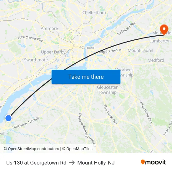 Us-130 at Georgetown Rd to Mount Holly, NJ map