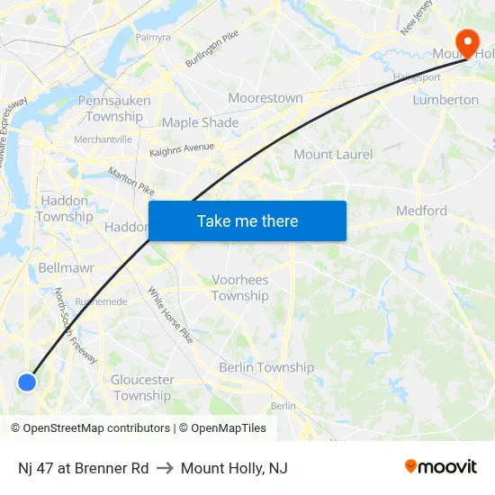 Nj 47 at Brenner Rd to Mount Holly, NJ map
