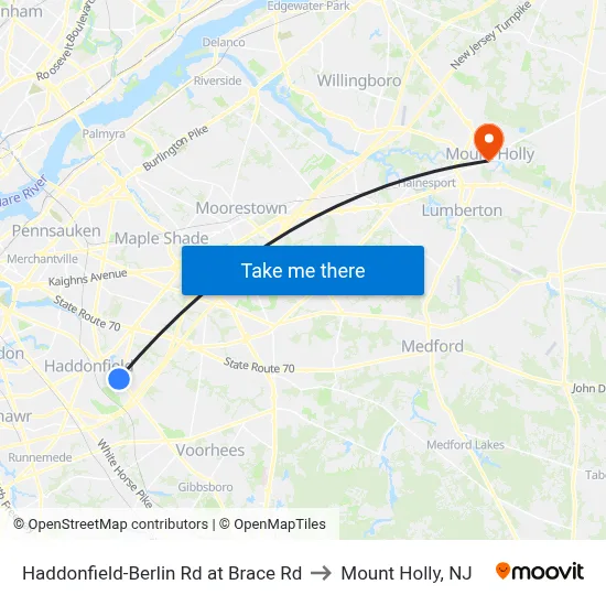 Haddonfield-Berlin Rd at Brace Rd to Mount Holly, NJ map