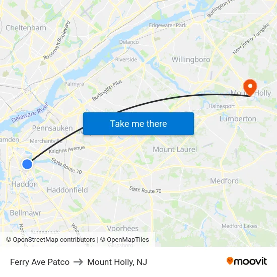 Ferry Ave Patco to Mount Holly, NJ map
