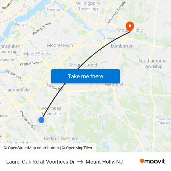 Laurel Oak Rd at Voorhees Dr to Mount Holly, NJ map