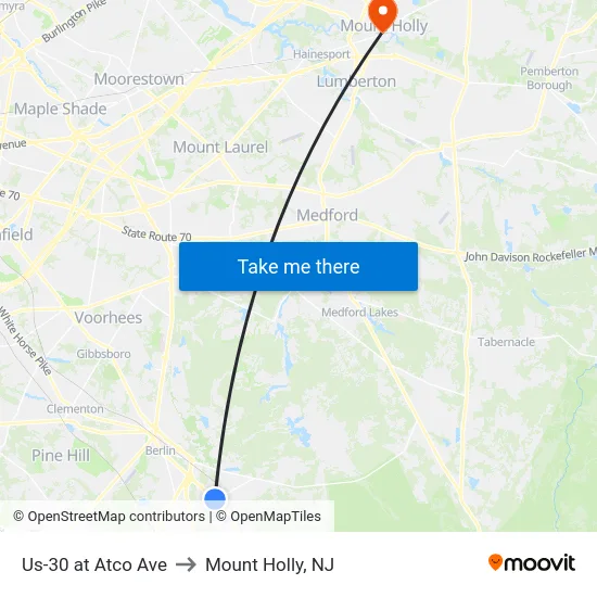 Us-30 at Atco Ave to Mount Holly, NJ map