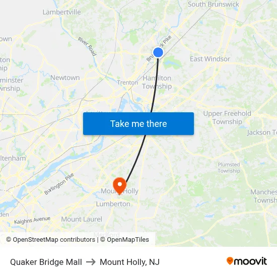 Quaker Bridge Mall to Mount Holly, NJ map