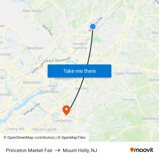 Princeton Market Fair to Mount Holly, NJ map