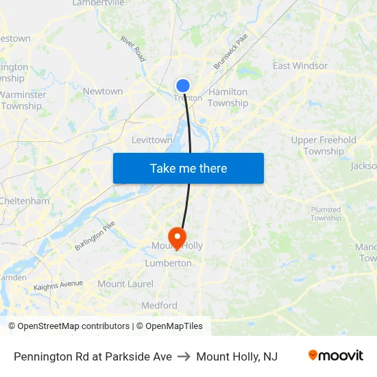 Pennington Rd at Parkside Ave to Mount Holly, NJ map