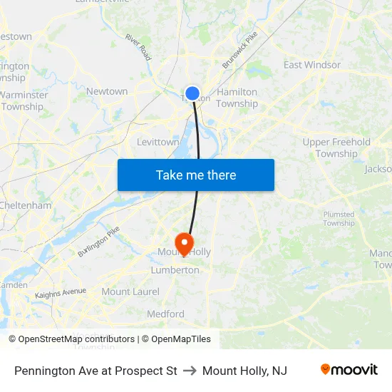 Pennington Ave at Prospect St to Mount Holly, NJ map
