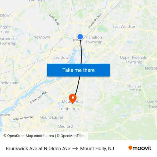 Brunswick Ave at N Olden Ave to Mount Holly, NJ map