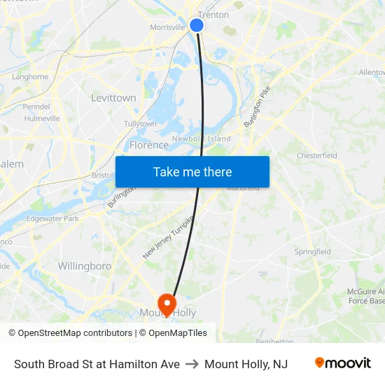 South Broad St at Hamilton Ave to Mount Holly, NJ map