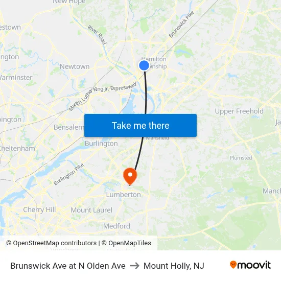 Brunswick Ave at N Olden Ave to Mount Holly, NJ map