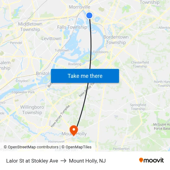 Lalor St at Stokley Ave to Mount Holly, NJ map
