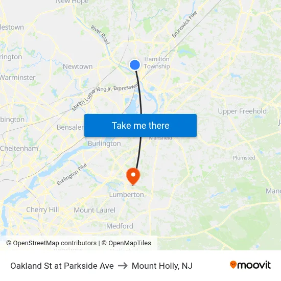 Oakland St at Parkside Ave to Mount Holly, NJ map