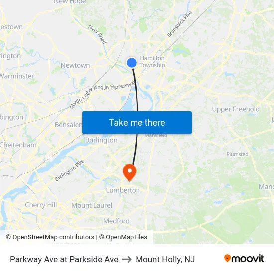 Parkway Ave at Parkside Ave to Mount Holly, NJ map