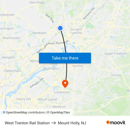 West Trenton Rail Station to Mount Holly, NJ map