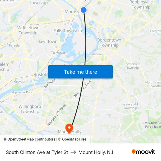 South Clinton Ave at Tyler St to Mount Holly, NJ map