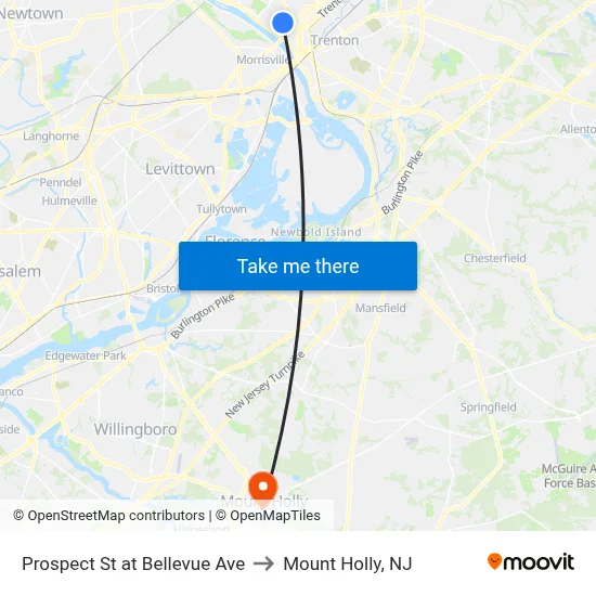 Prospect St at Bellevue Ave to Mount Holly, NJ map