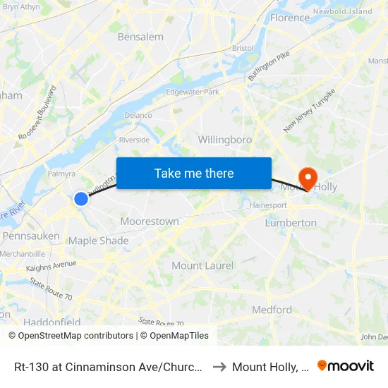 Rt-130 at Cinnaminson Ave/Church Rd to Mount Holly, NJ map
