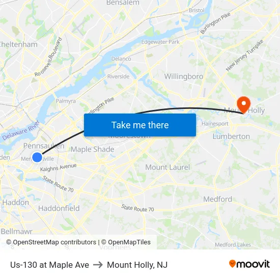 Us-130 at Maple Ave to Mount Holly, NJ map