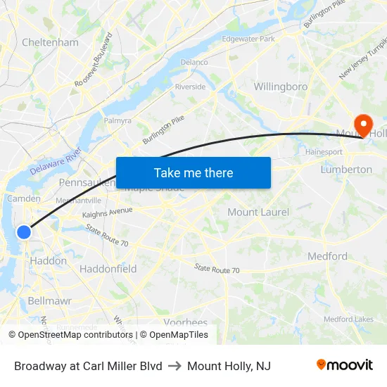 Broadway at Carl Miller Blvd to Mount Holly, NJ map