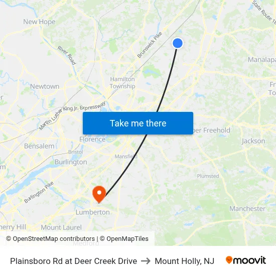 Plainsboro Rd at Deer Creek Drive to Mount Holly, NJ map