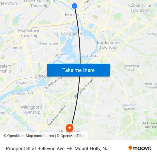 Prospect St at Bellevue Ave to Mount Holly, NJ map