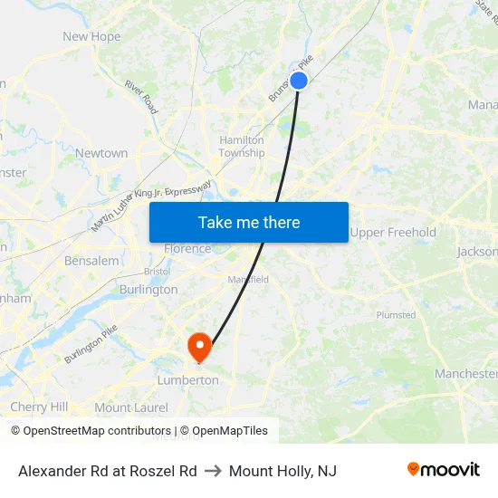 Alexander Rd at Roszel Rd to Mount Holly, NJ map
