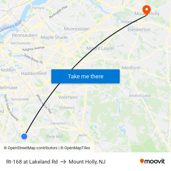 Rt-168 at Lakeland Rd to Mount Holly, NJ map