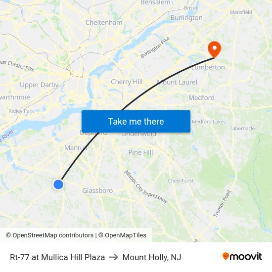 Rt-77 at Mullica Hill Plaza to Mount Holly, NJ map