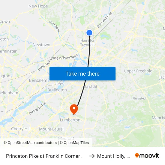 Princeton Pike at Franklin Corner Rd to Mount Holly, NJ map