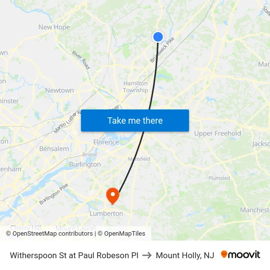 Witherspoon St at Paul Robeson Pl to Mount Holly, NJ map