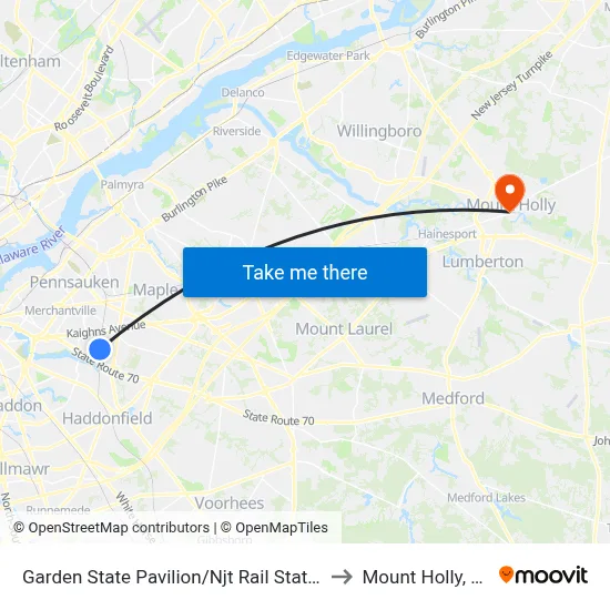 Garden State Pavilion/Njt Rail Station to Mount Holly, NJ map