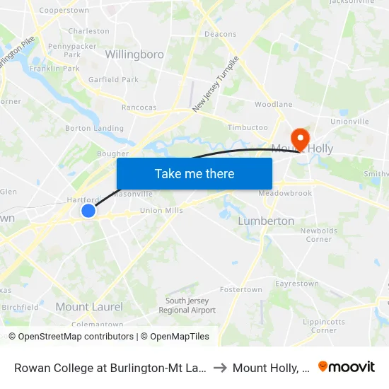 Rowan College at Burlington-Mt Laurel to Mount Holly, NJ map