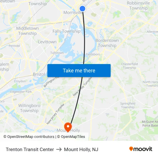 Trenton Transit Center to Mount Holly, NJ map