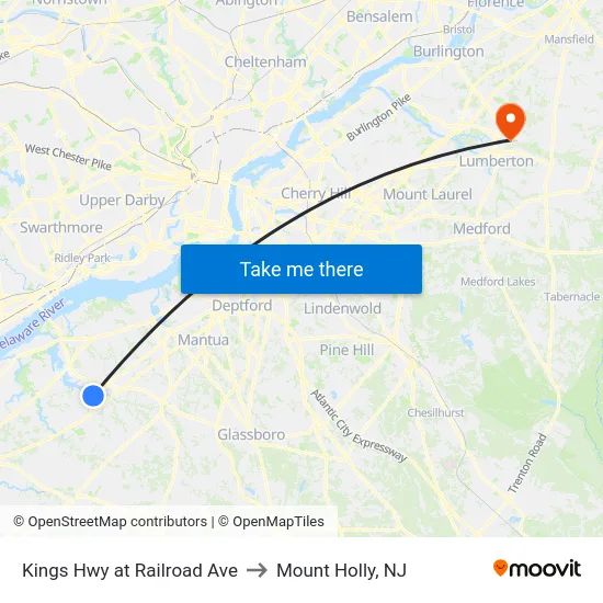 Kings Hwy at Railroad Ave to Mount Holly, NJ map
