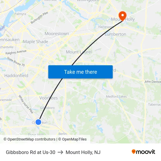 Gibbsboro Rd at Us-30 to Mount Holly, NJ map