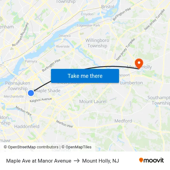 Maple Ave at Manor Avenue to Mount Holly, NJ map