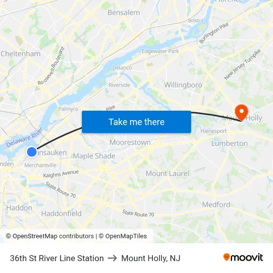 36th St River Line Station to Mount Holly, NJ map
