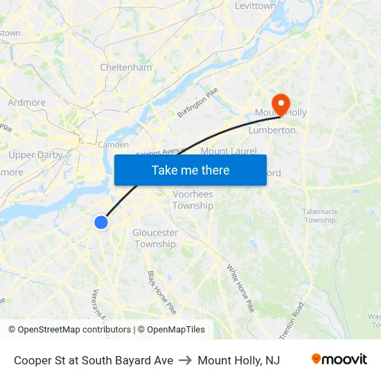 Cooper St at South Bayard Ave to Mount Holly, NJ map