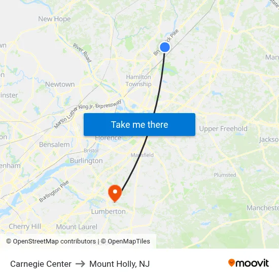 Carnegie Center to Mount Holly, NJ map